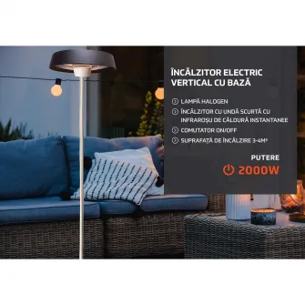 Incalzitor electric vertical cu infrarosu Heinner, putere maxim 2000 W, lampa halogen, doua trepte de putere 1000/2000 W
