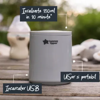 Incalzitor portabil pentru biberoane Tommee Tippee, reincarcabil prin USB, incalzitor electric pentru biberoane, usor de folosit in calatorii