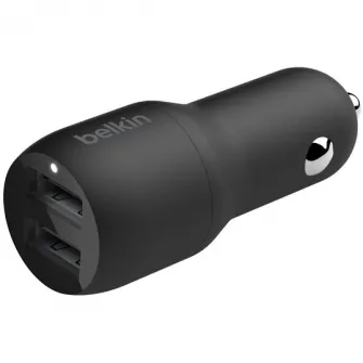 Incarcator auto Belkin, Boost Charge, Dual, USB-A 24W + cablu USB-A la lightning, Negru