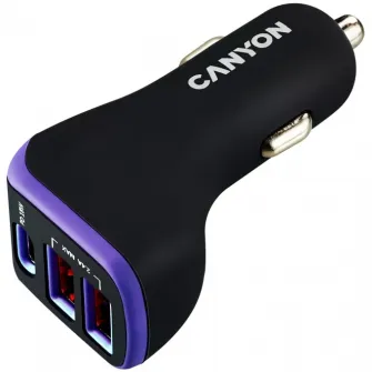 Incarcator auto Canyon, C-08 PD 18W USB-C 2USB-A, Black/Purple (CNE-CCA08PU)