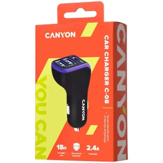 Incarcator auto Canyon, C-08 PD 18W USB-C 2USB-A, Black/Purple (CNE-CCA08PU)