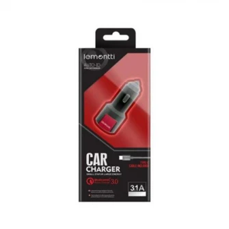 Incarcator auto Lemontti, Dual USB, 3.1A, Qualcomm 3.0, Cablu Type C inclus, Negru