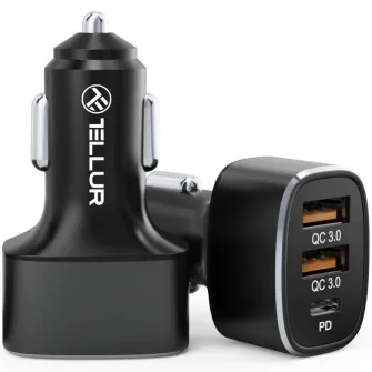 Incarcator auto Tellur FCC9, 56W, 9A (2xQC3.0 + PD20W), Negru