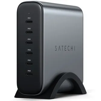 Incarcator Satechi 200W, USB-C 6-porturi GaN charger, 6xUSB-C PD 3.1/3.0, QC 4.0+  PPS, Gri