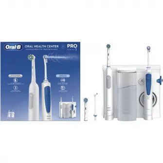 Irigator bucal Oral-B Oral Health Center + Periuta de dinti electrica Pro Series 1, 5 program de presiune, 1 duza Oxyjet, 1 duza cu jet de apa, Curatare 3D, 2 capete, Alb