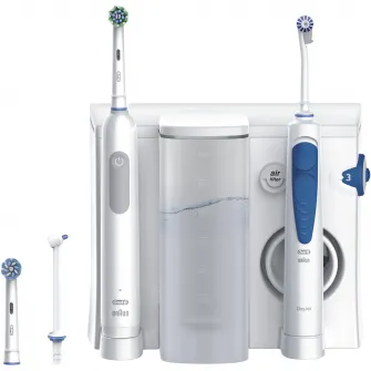 Irigator bucal Oral-B Oral Health Center + Periuta de dinti electrica Pro Series 1, 5 program de presiune, 1 duza Oxyjet, 1 duza cu jet de apa, Curatare 3D, 2 capete, Alb