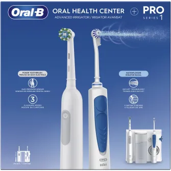 Irigator bucal Oral-B Oral Health Center + Periuta de dinti electrica Pro Series 1, 5 program de presiune, 1 duza Oxyjet, 1 duza cu jet de apa, Curatare 3D, 2 capete, Alb