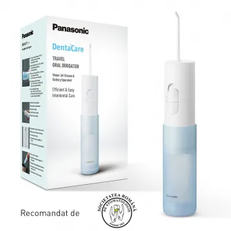 Irigator bucal Panasonic EW-DJ11-A503, 2 trepte de presiune, Portabil, 20min autonomie (2xAA), Capacitate 150ml, Alb