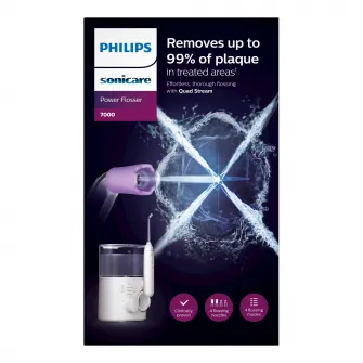 Irigator bucal Philips Sonicare Power Flosser 7000 HX3911/40, tehnologie Quad Stream, 600 ml, 4 moduri de curatare, 10 niveluri de intensitate, 4 capete de curatare, toc de depozitare pentru capete, Alb