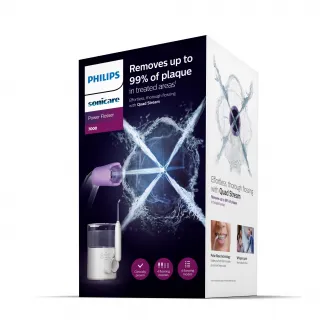 Irigator bucal Philips Sonicare Power Flosser 7000 HX3911/40, tehnologie Quad Stream, 600 ml, 4 moduri de curatare, 10 niveluri de intensitate, 4 capete de curatare, toc de depozitare pentru capete, Alb