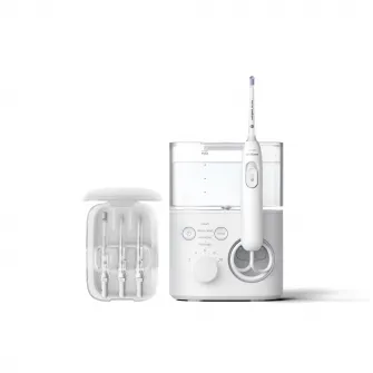 Irigator bucal Philips Sonicare Power Flosser 7000 HX3911/40, tehnologie Quad Stream, 600 ml, 4 moduri de curatare, 10 niveluri de intensitate, 4 capete de curatare, toc de depozitare pentru capete, Alb