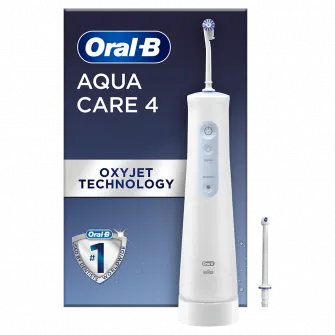 Irigator bucal portabil Oral-B AquaCare 4, Tehnologie Oxyjet, 2 intensitati, 3 fluxuri de apa, 2 capete, fara fir, Alb