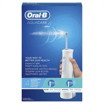 Irigator bucal portabil Oral-B AquaCare 4, Tehnologie Oxyjet, 2 intensitati, 3 fluxuri de apa, 2 capete, fara fir, Alb