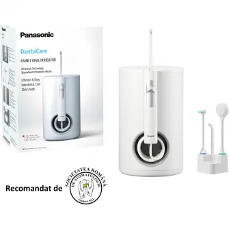 Irigator oral Panasonic Ultrasonic EW1614W503, Stationar, Child Mode, 10 trepte de presiune, presiunea maxima 647kPa, capacitate rezervor 600 ml, 4 duze, Alb