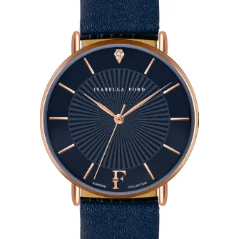 Isabella Ford, Ceas analog decorat cu un diamant, Auriu rose/Albastru inchis