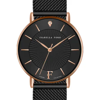 Часы Isabella Ford Analog с бриллиантом, черное/розовое золото