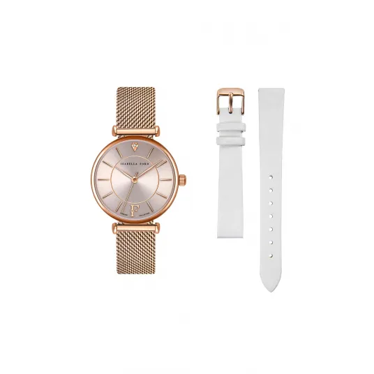 Isabella Ford, Ceas cu o curea de piele intersanjabila si diamant, Auriu rose/Alb optic