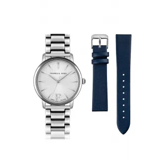 Isabella Ford, Set de ceas quartz si curea intersanjabila din piele, Argintiu/Bleumarin