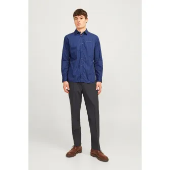 Jack & Jones, Camasa cu model si buzunar pe piept, Alb, Albastru inchis, S