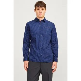 Jack & Jones, Camasa cu model si buzunar pe piept, Alb, Albastru inchis, S