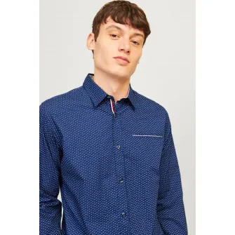 Jack & Jones, Camasa cu model si buzunar pe piept, Alb, Albastru inchis, S
