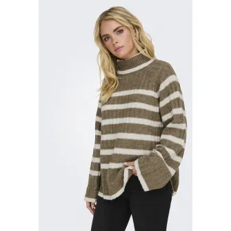 JdY, Pulover lejer cu model in dungi Miley, Alb, Kaki, M-L