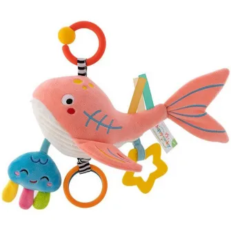 Jucarie de plus cu activitati, zornaitoare si accesorii dentitie, Mappy Balena Roz, 23 cm