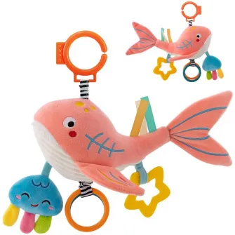 Jucarie de plus cu activitati, zornaitoare si accesorii dentitie, Mappy Balena Roz, 23 cm