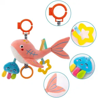 Jucarie de plus cu activitati, zornaitoare si accesorii dentitie, Mappy Balena Roz, 23 cm