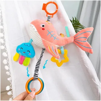 Jucarie de plus cu activitati, zornaitoare si accesorii dentitie, Mappy Balena Roz, 23 cm
