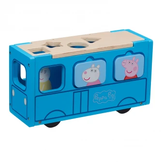 Jucarie de sortat din lemn Peppa Pig - Autobuzul scolii, cu figurina