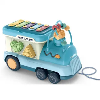 Jucarie interactiva de tras, Mappy Locomotiva cu activitati, piese de sortare si xilofon, albastru