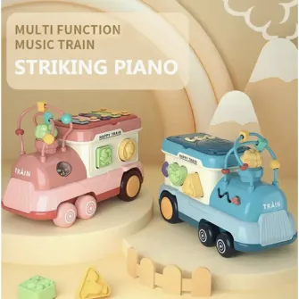 Jucarie interactiva de tras, Mappy Locomotiva cu activitati, piese de sortare si xilofon, albastru
