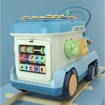 Jucarie interactiva de tras, Mappy Locomotiva cu activitati, piese de sortare si xilofon, albastru