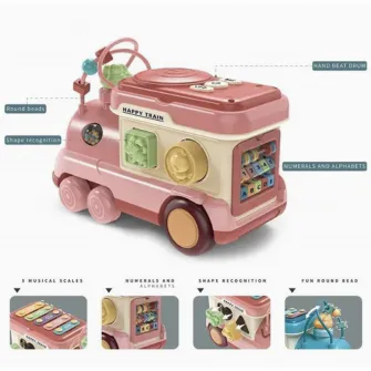 Jucarie interactiva de tras, Mappy Locomotiva cu activitati, piese de sortare si xilofon, roz