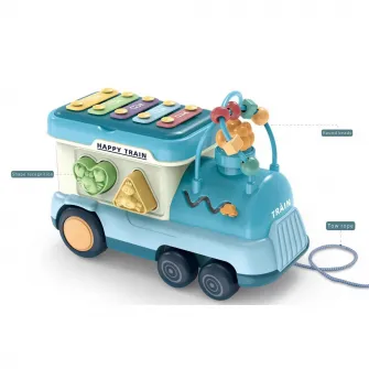 Jucarie interactiva de tras, Mappy Locomotiva cu activitati, piese de sortare si xilofon, albastru