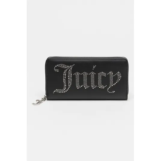 Juicy Couture, Portofel din piele ecologica cu nituri decorative si fermoar, Negru, Argintiu