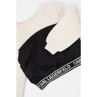 KARL LAGERFELD KIDS, Bluza de trening cu segment din material teddy, Negru, Crem, 162 CM