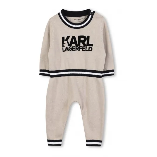KARL LAGERFELD KIDS, Salopeta tricotata fin cu model logo, Negru, Maro nisip, 71 CM