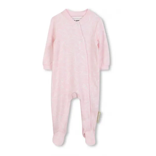 KARL LAGERFELD KIDS, Set de salopeta, caciula si bavetica cu imprimeu logo - 3 piese, Alb, Roz deschis, 74 CM