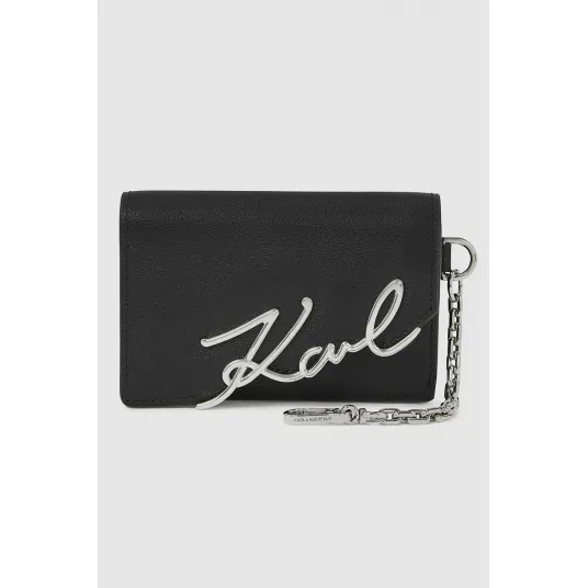 Karl Lagerfeld, Portofel din piele cu logo metalic, Negru, Argintiu