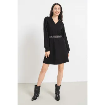 Karl Lagerfeld, Rochie scurta evazata cu logo in talie, Negru, XS