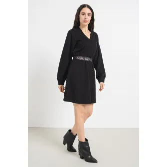 Karl Lagerfeld, Rochie scurta evazata cu logo in talie, Negru, XS