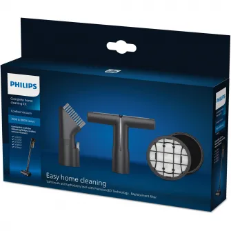 Kit complet de curatare a locuintei Philips XV1685/01, compatibil cu gama Philips Aqua seriile 7000, 8000, contine: Perie moale, Instrument pentru tapiterie, Filtru de admisie cu cadru, Filtru din burete, lavabil