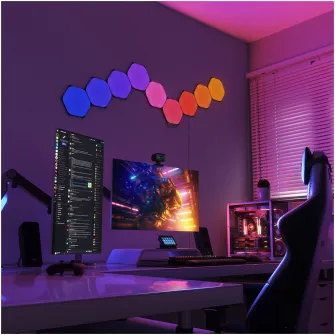 Kit panouri luminoase LED RGBW modulare inteligente Nanoleaf Shapes Black Hexagons Starter Kit, Wi-Fi si Touch Control, sincronizare muzica, 9 panouri