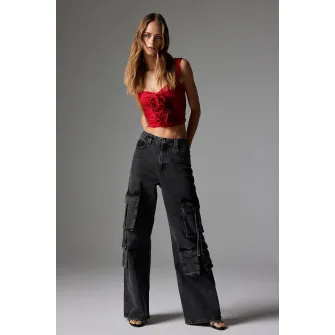 KOTON, Blugi cargo cu talie inalta, Negru stins, W25-L32