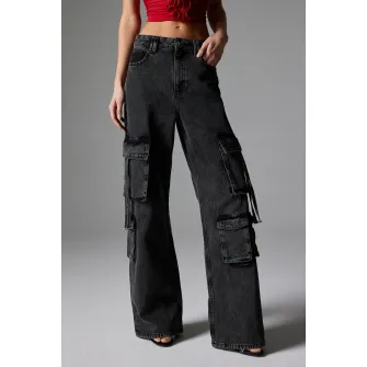 KOTON, Blugi cargo cu talie inalta, Negru stins, W25-L32
