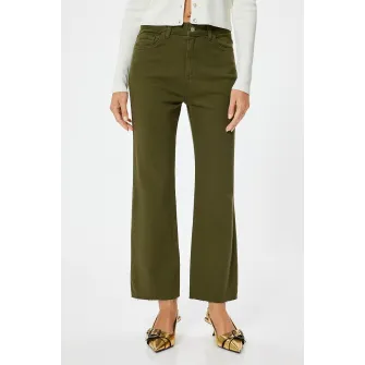 KOTON, Blugi crop cu terminatie franjurata, Verde masliniu, 34