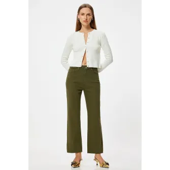 KOTON, Blugi crop cu terminatie franjurata, Verde masliniu, 34