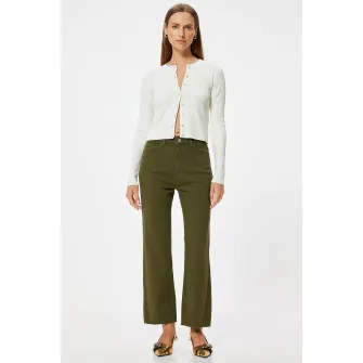 KOTON, Blugi crop cu terminatie franjurata, Verde masliniu, 34